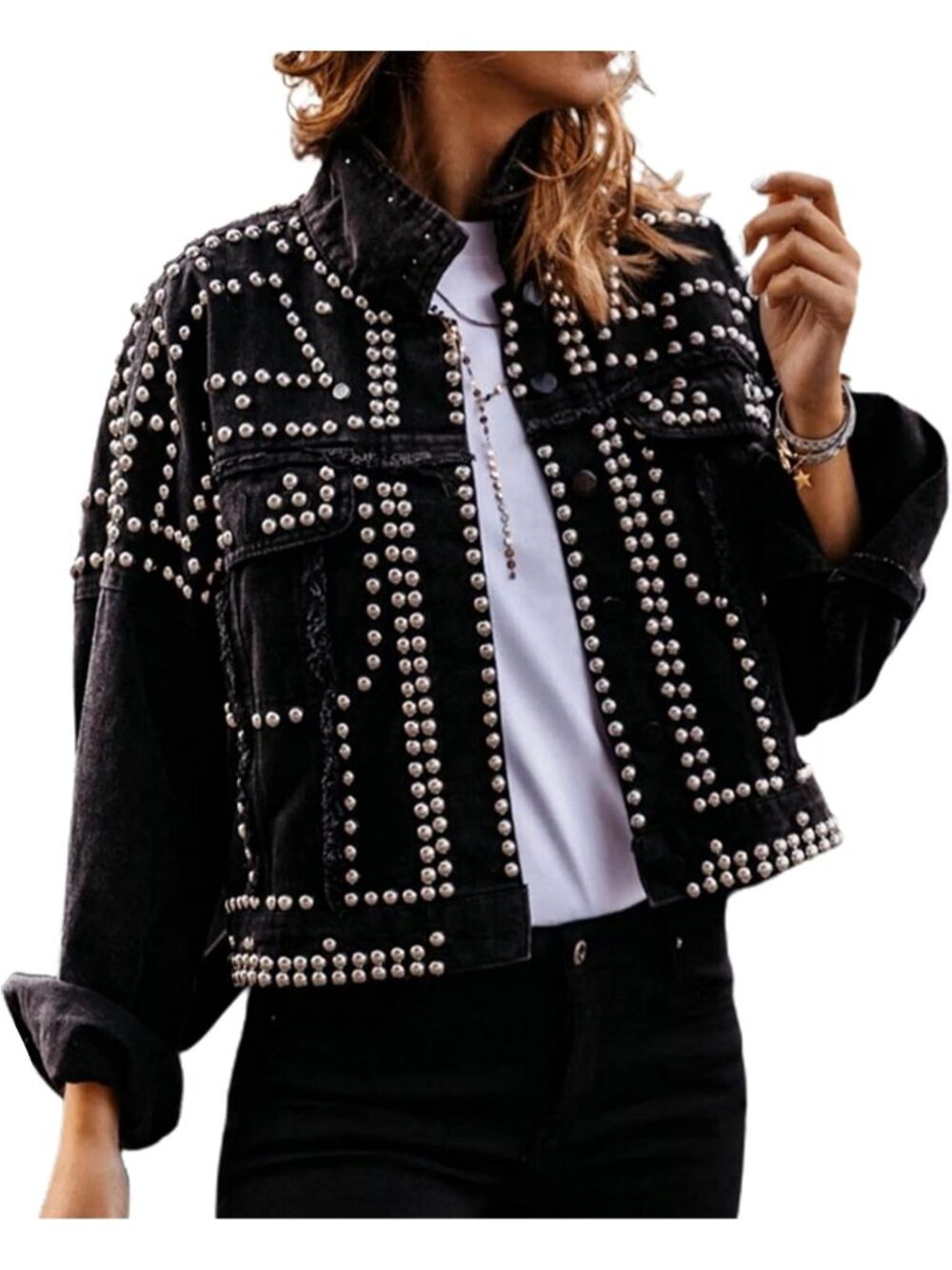Women's Black Fashion Crop Fringe Denim Jacket Distressed Western Studded Jacket
